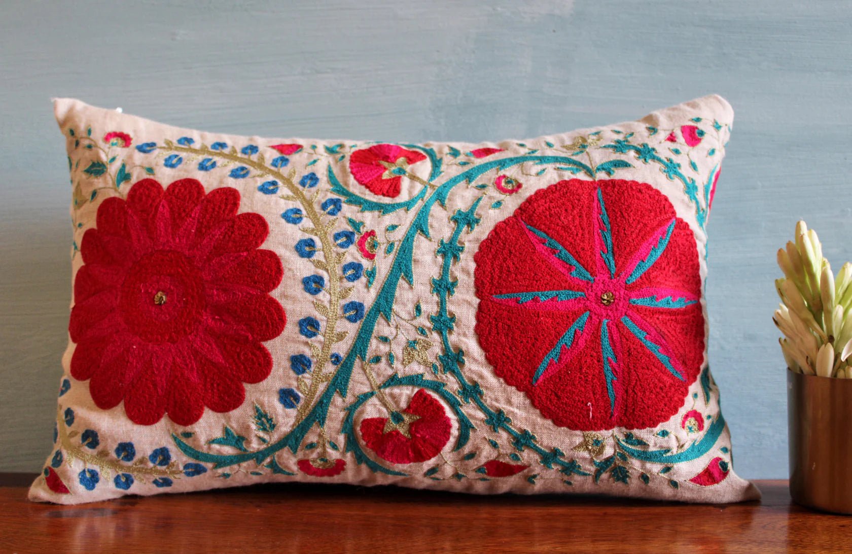 Suzani Linen Cushion Fergana, close-up of the texture at Inside Living Singapore.