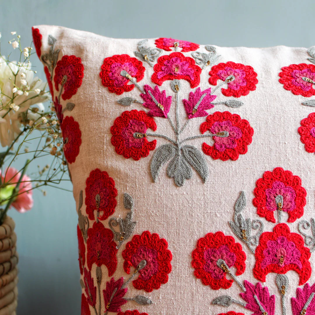 Suzani Linen Cushion Red Butah from Inside Living Singapore. Shown front view.