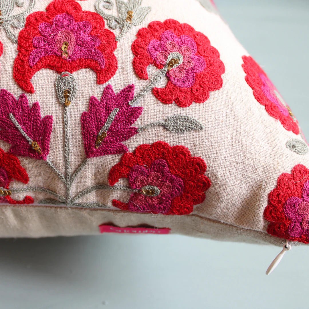 Suzani Linen Cushion Red Butah from Inside Living Singapore. Detail view.
