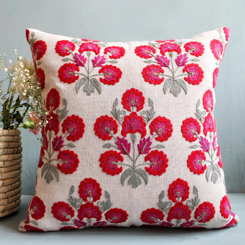 Embroidered linen cushion cover in red, pink and grey with antiqued metal sequins, 45 x 45 cm