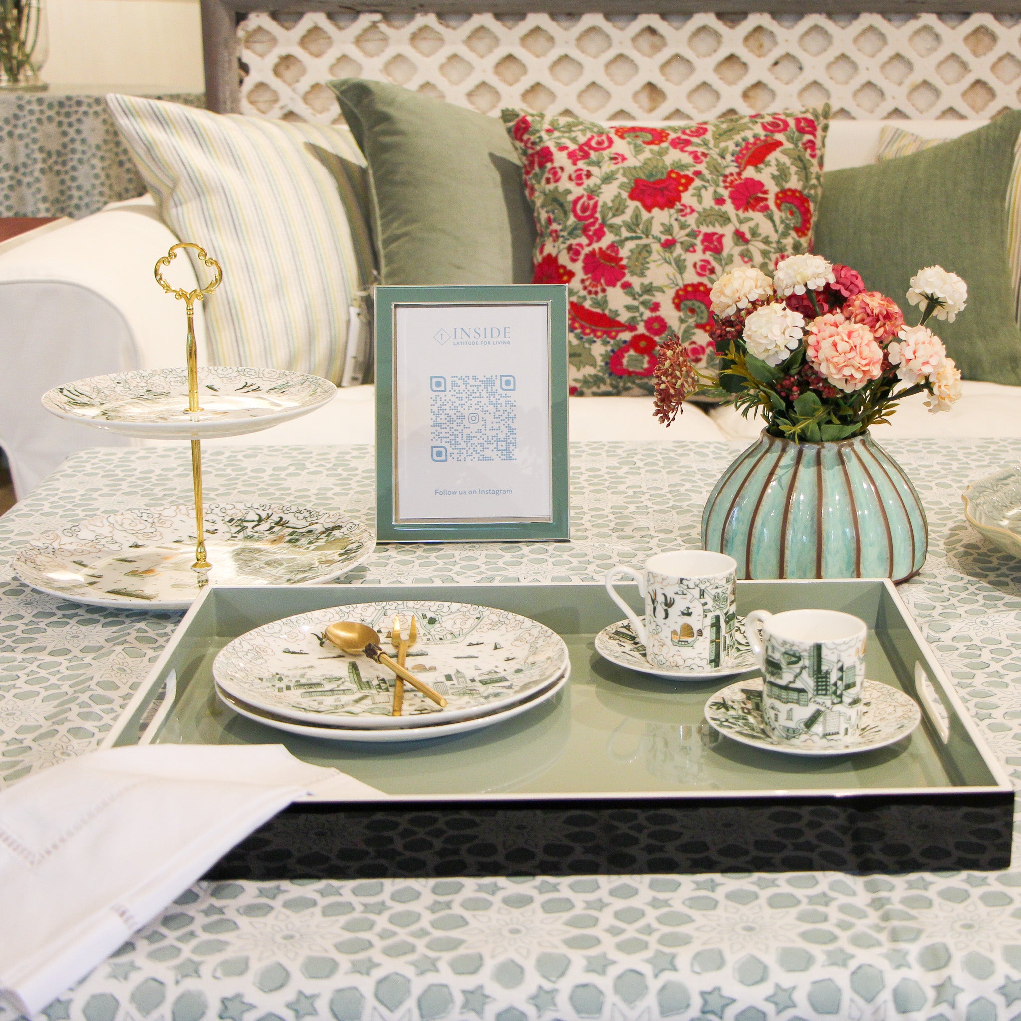 Suzani Linen Cushion Bright Flower, side view, from the Inside Living Singapore homeware collection.
