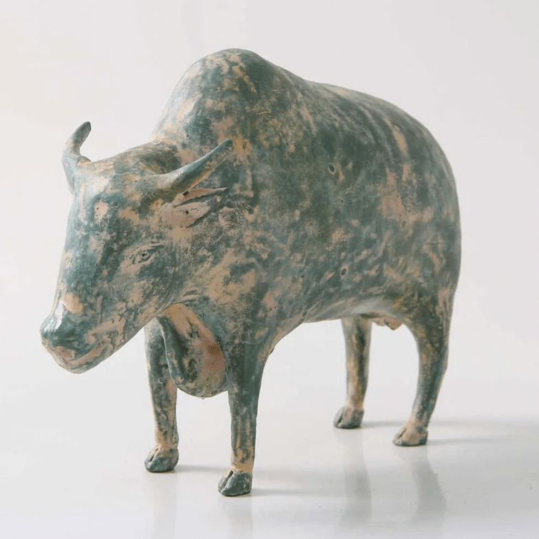 Hand-painted resin water buffalo sculpture with a verdigris patina, 20 x 5 x 14.5 cm