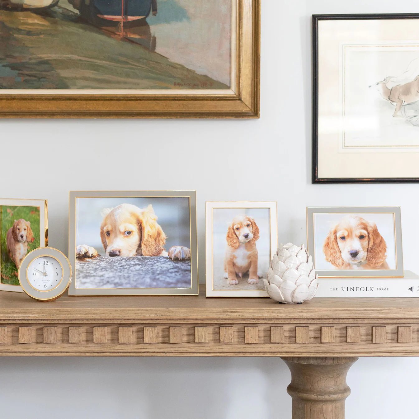 White enamel and gold photograph frame, slim 15 mm border, stands landscape or portrait in several sizes
