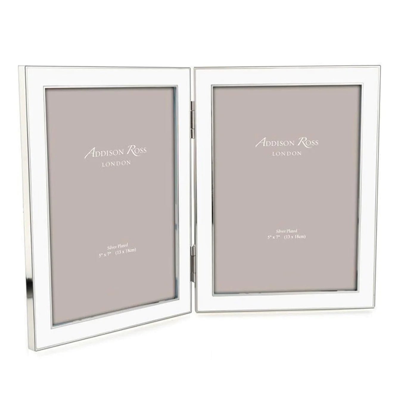 Double white enamel and silver-plate photo frame holding two 5 x 7 inch portrait photos