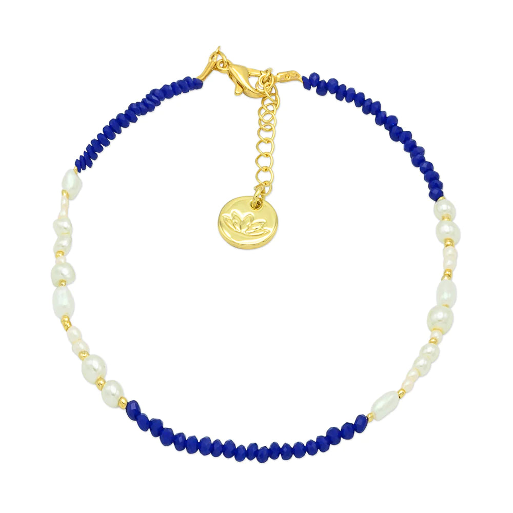 Sam anklet in blue, dainty beaded ankle bracelet, a summery jewellery accent for everyday or holiday wear.