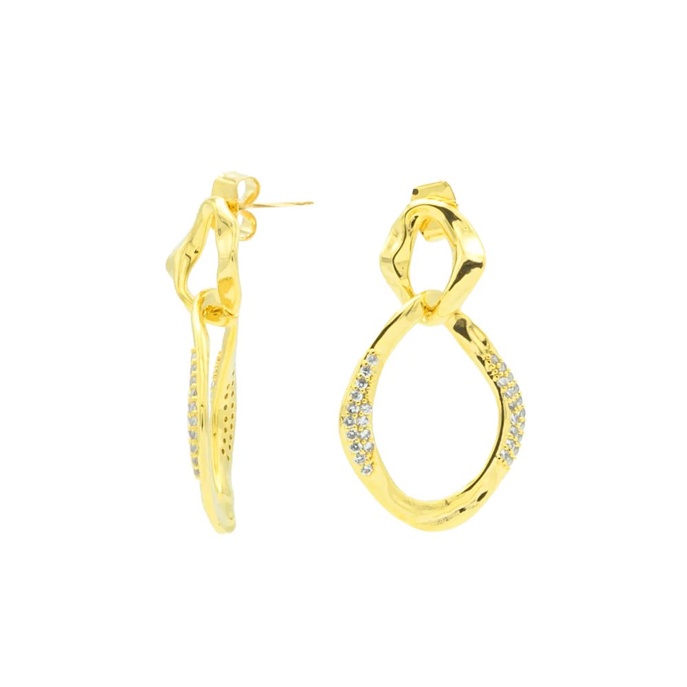 Roxanne gold-plated brass drop earrings with cubic zirconia by Luv and Bart, 31 mm, detail view