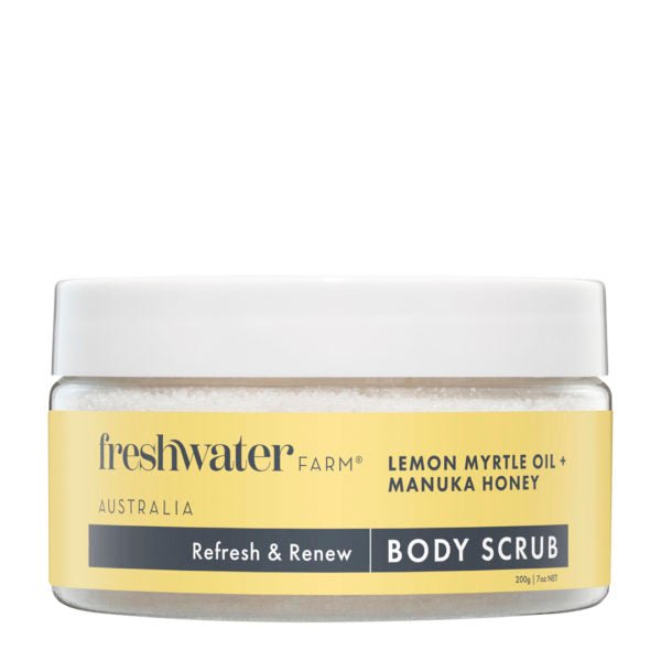 Lemon myrtle and pink manuka honey body scrub detail, natural exfoliating skincare for smooth, glowing skin.