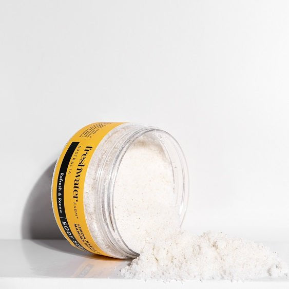 Lemon myrtle oil and pink manuka honey body scrub, a natural exfoliating scrub for soft, refreshed skin.