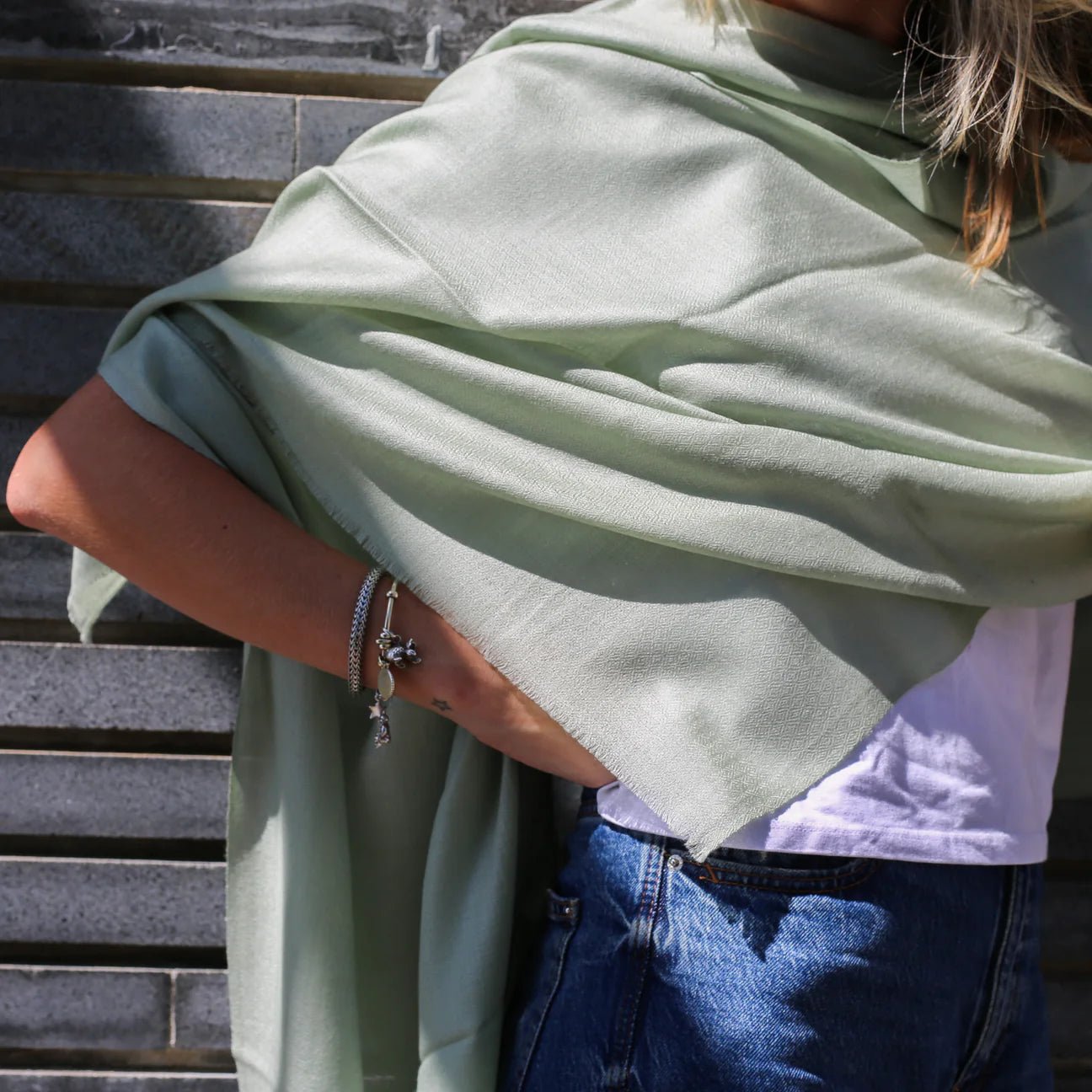 Plain 100% pashmina shawl in teal, soft handwoven wrap for warmth and style, from Inside Living Singapore Side view.