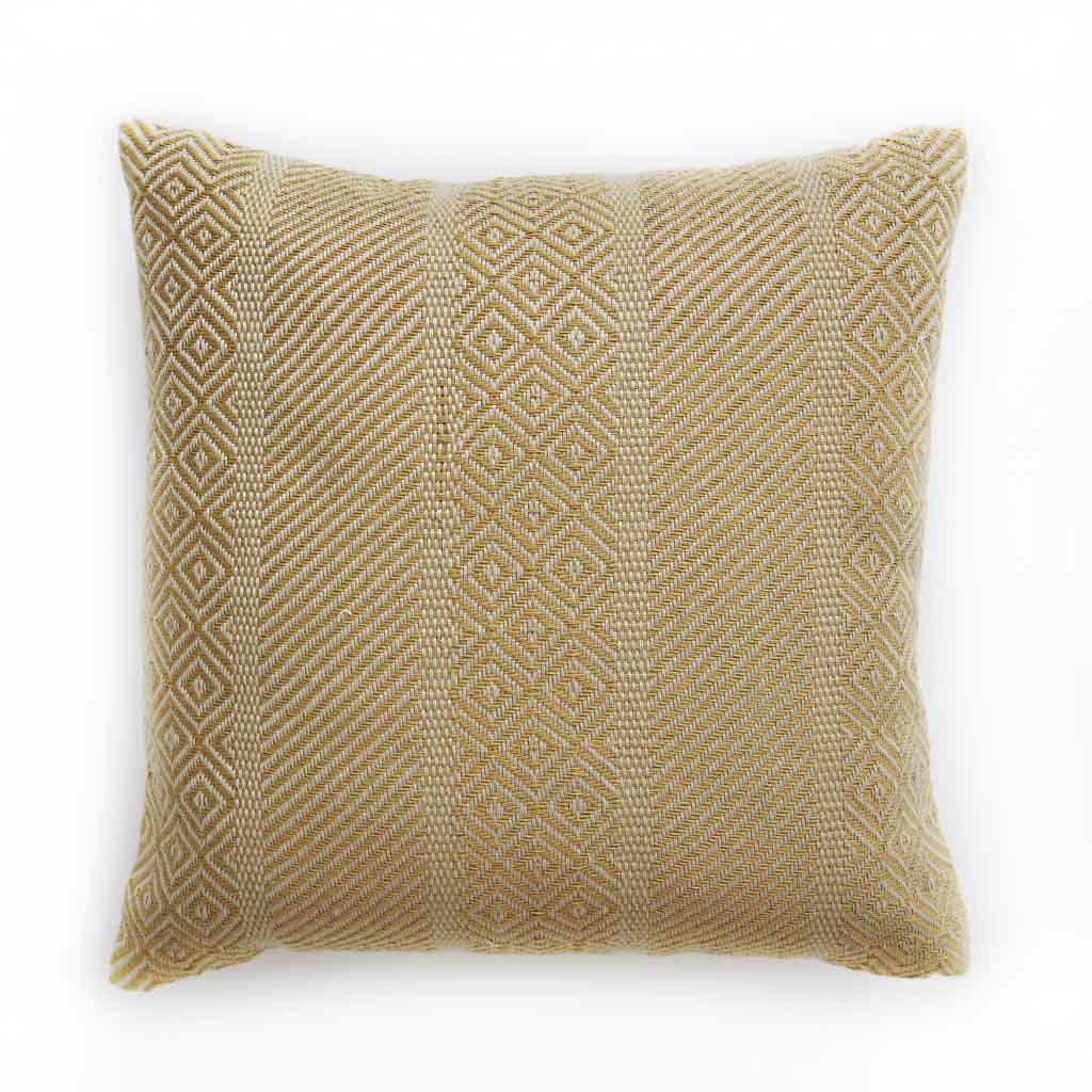 Gold Minerva cushion, decorative scatter cushion in warm gold with a Minerva pattern for sofa or bed accent.
