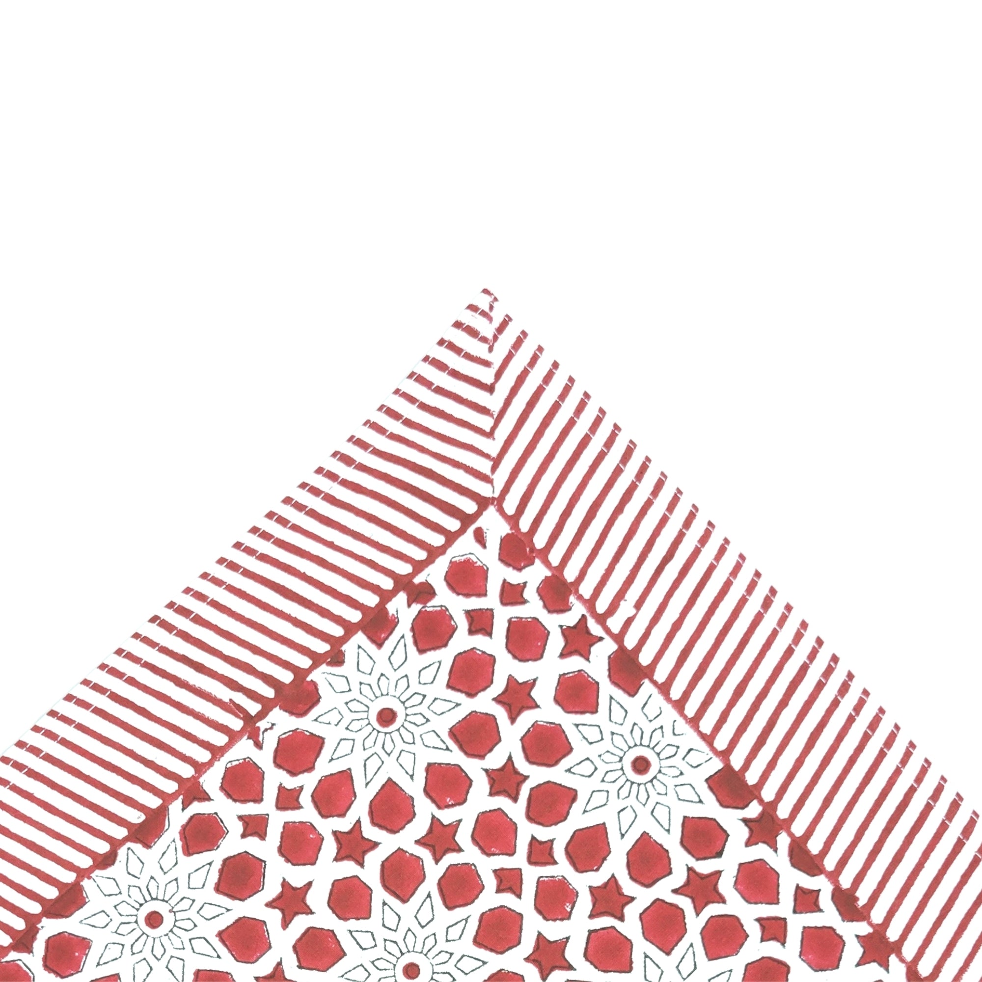Red cotton tablecloth block-printed with geometric motifs and neatly hemmed edges, machine washable