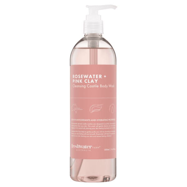 Rosewater and pink clay castile body wash, 500ml vegan cleanser to purify skin, made in Australia