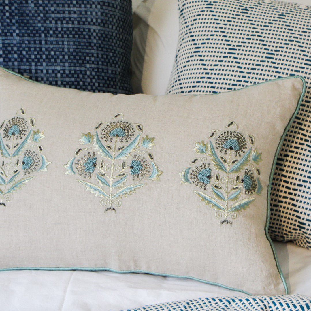 Suzani Linen Cushion Sitara 40x50cm, detail view, from the Inside Living Singapore homeware collection.