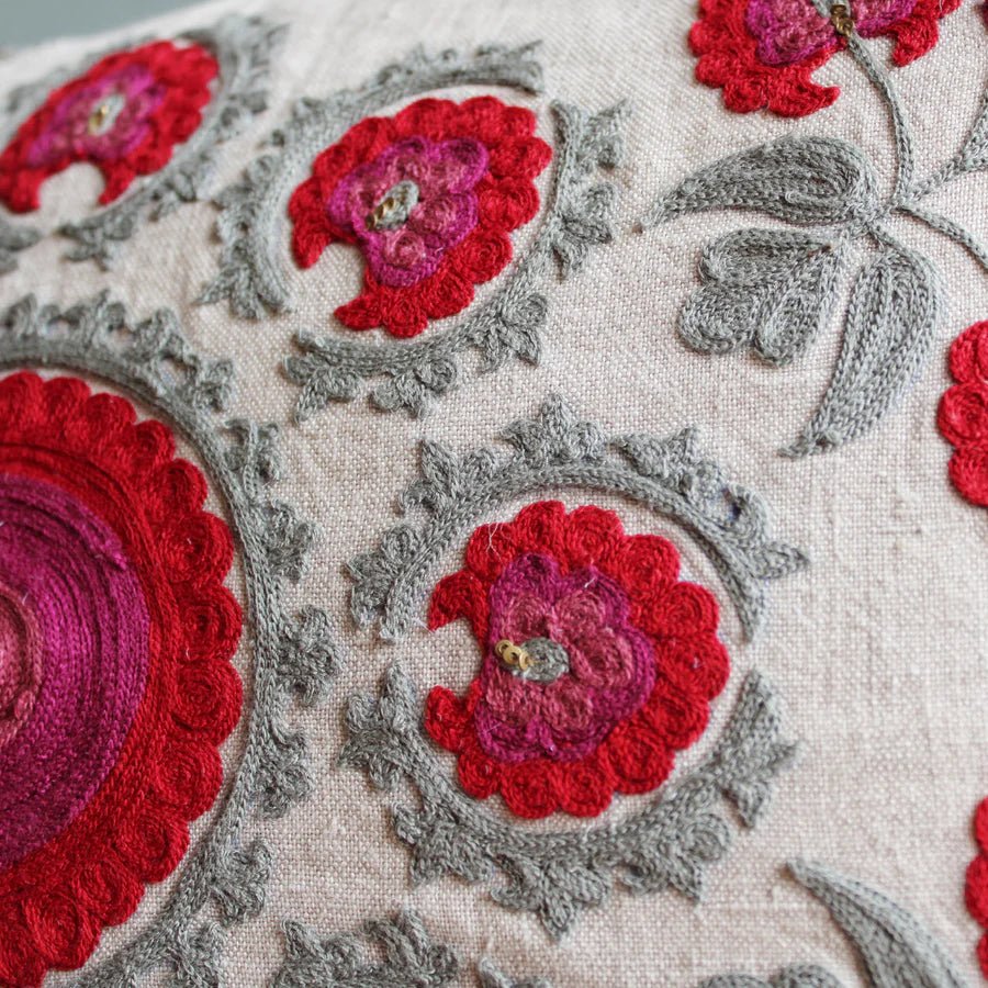 Suzani Linen Cushion Red Butah Rectangular, styled in a room setting, from the Inside Living Singapore homeware collection.