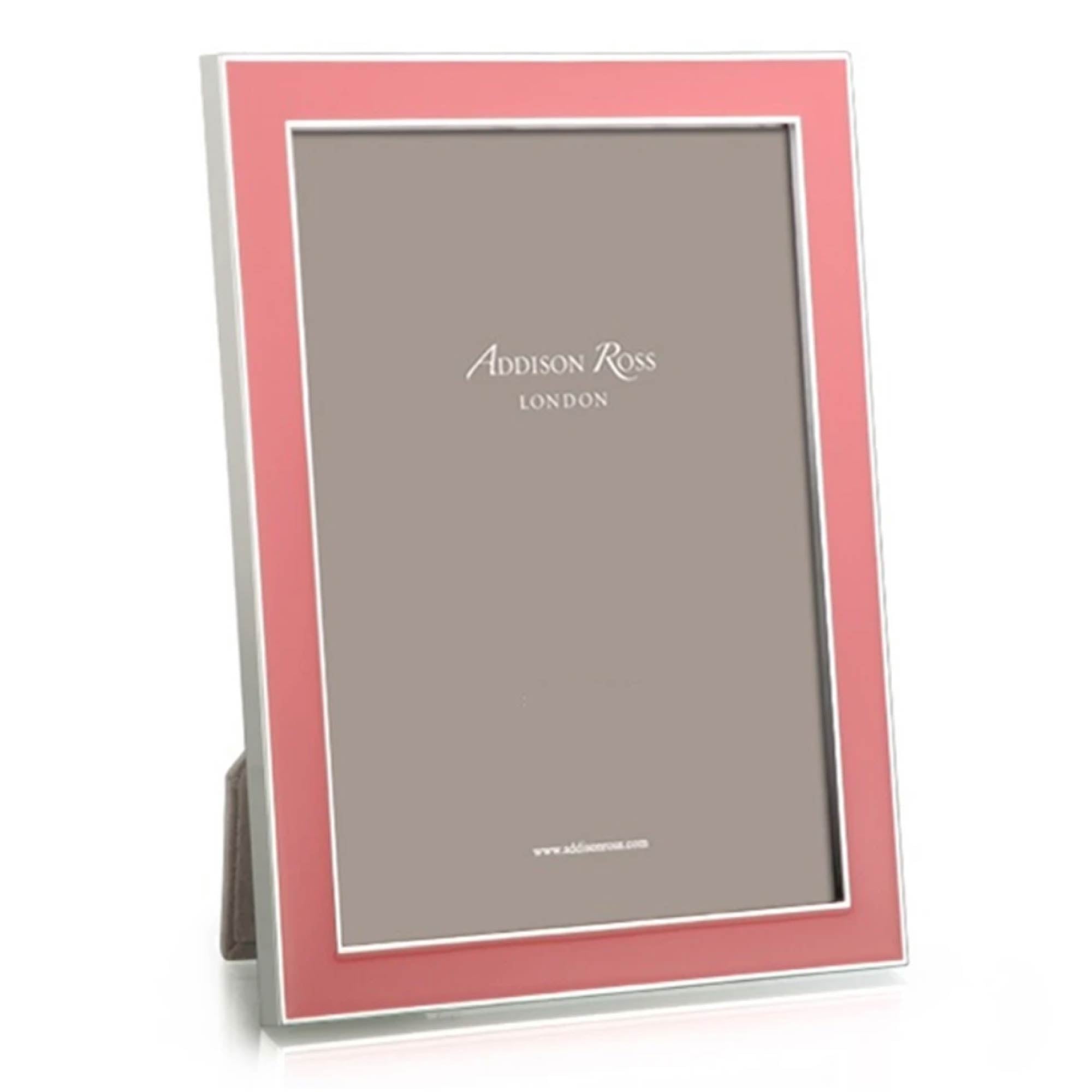 Coral enamel and silver-plate photo frame with grey velvet back, holds 4 x 6 or 5 x 7 inch photos