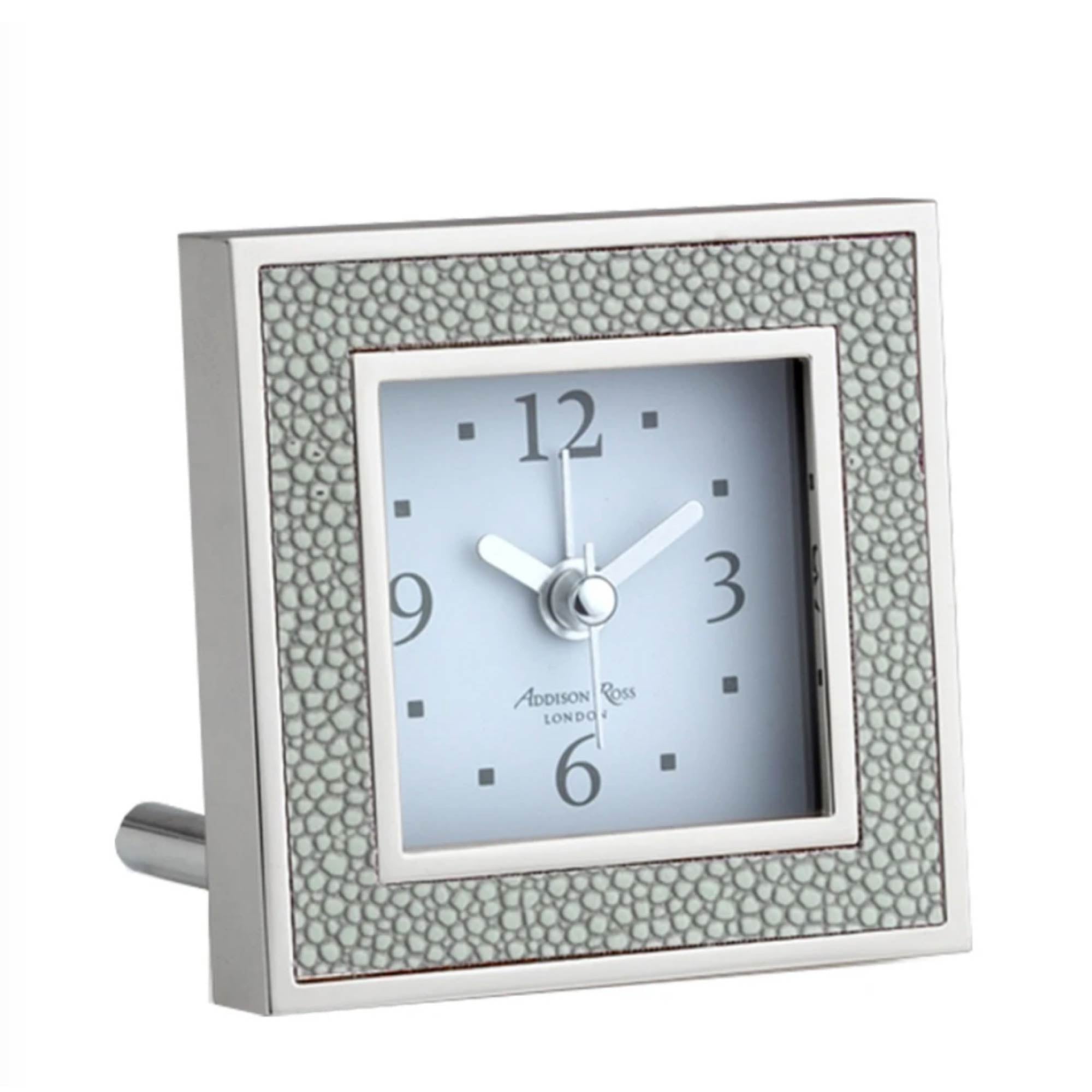 Faux shagreen alarm clock in grey with silver-plate finish and velvet back, 9 x 9 x 5 cm