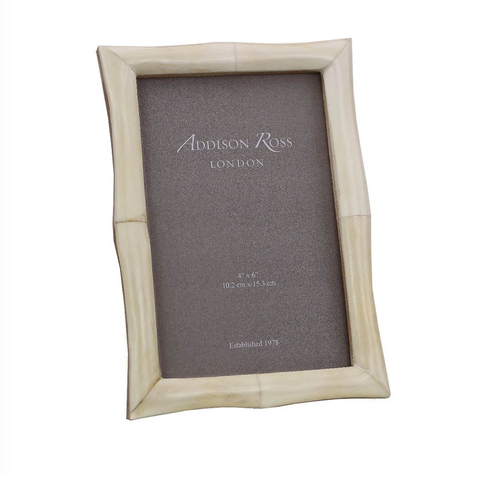 Curved cream photo frame in genuine buffalo bone with wood back, holds 4 x 6 inch photos