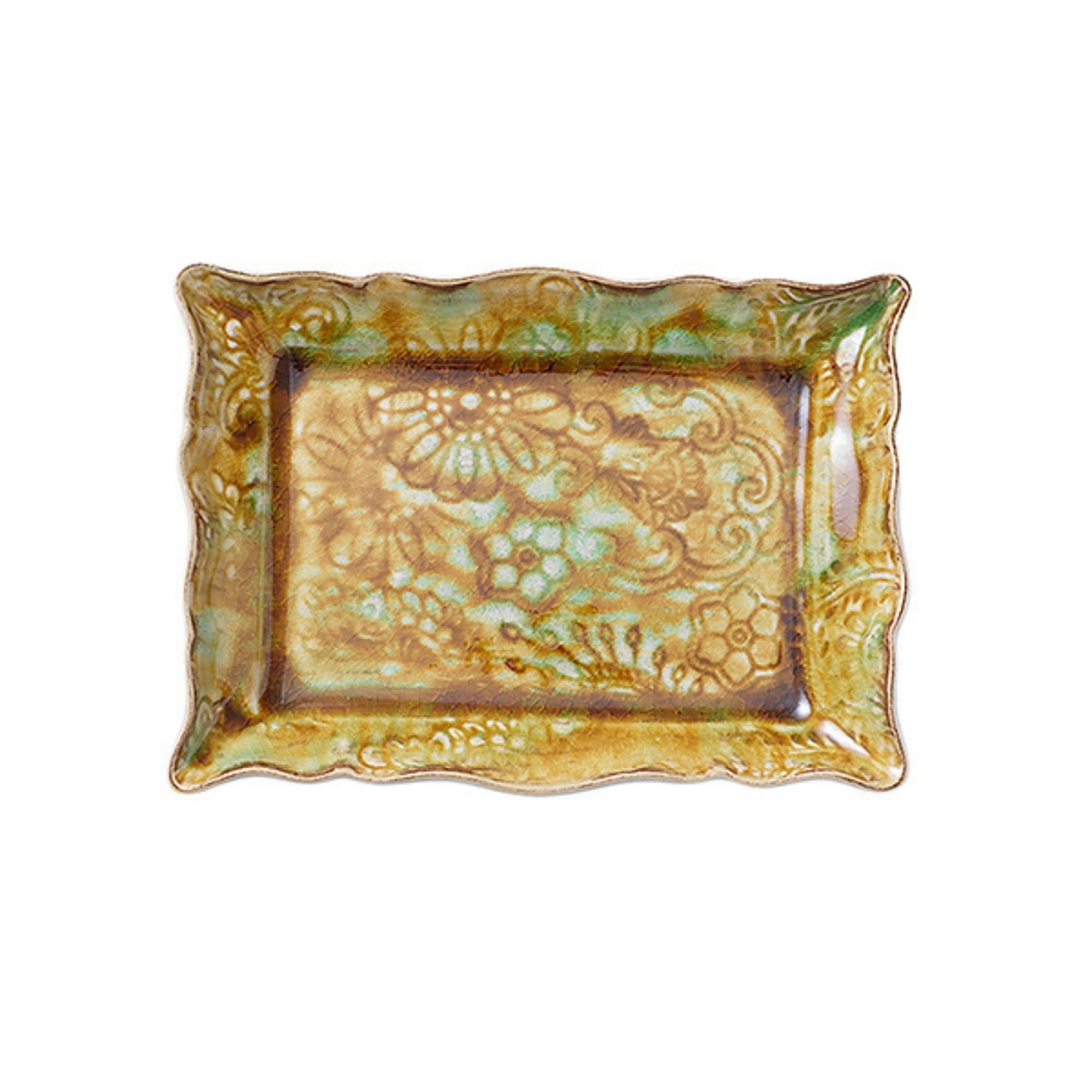 Small rectangular ceramic plate in pineapple glaze, 19.5 x 13.5 cm, made in Portugal for appetisers or dips