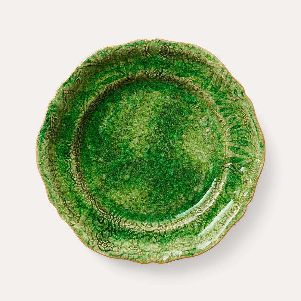 Ceramic salad or side plate in seaweed green, 23 cm diameter, made in Portugal for starters or dessert