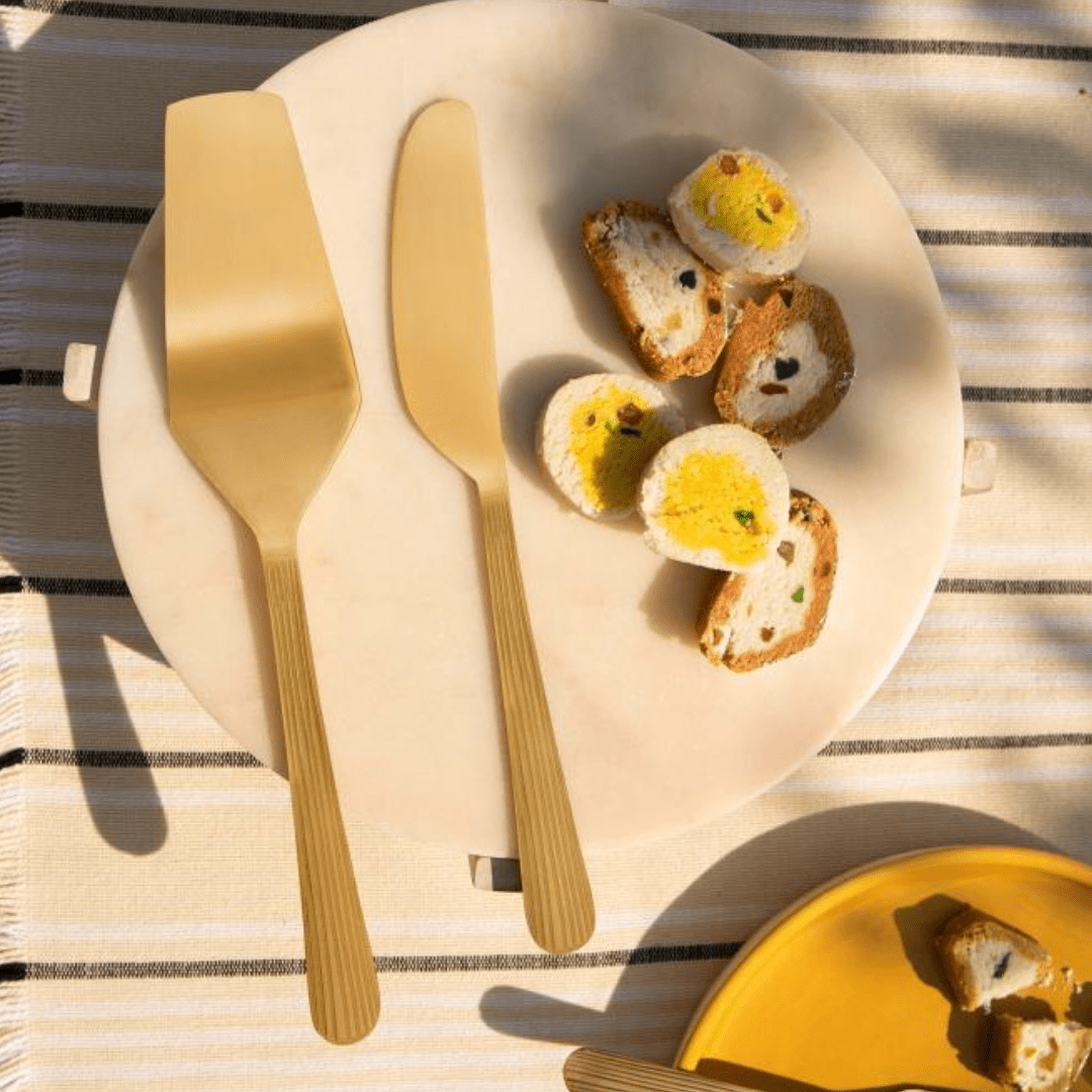 Handcrafted brass cake server and knife set of two with a gold matte finish, food safe