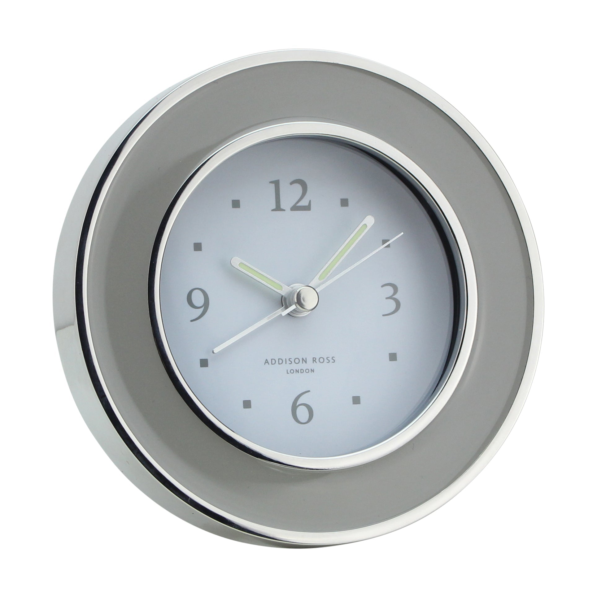 Round Chiffon & Silver Silent Alarm Clock from Inside Living Singapore. Shown front view.