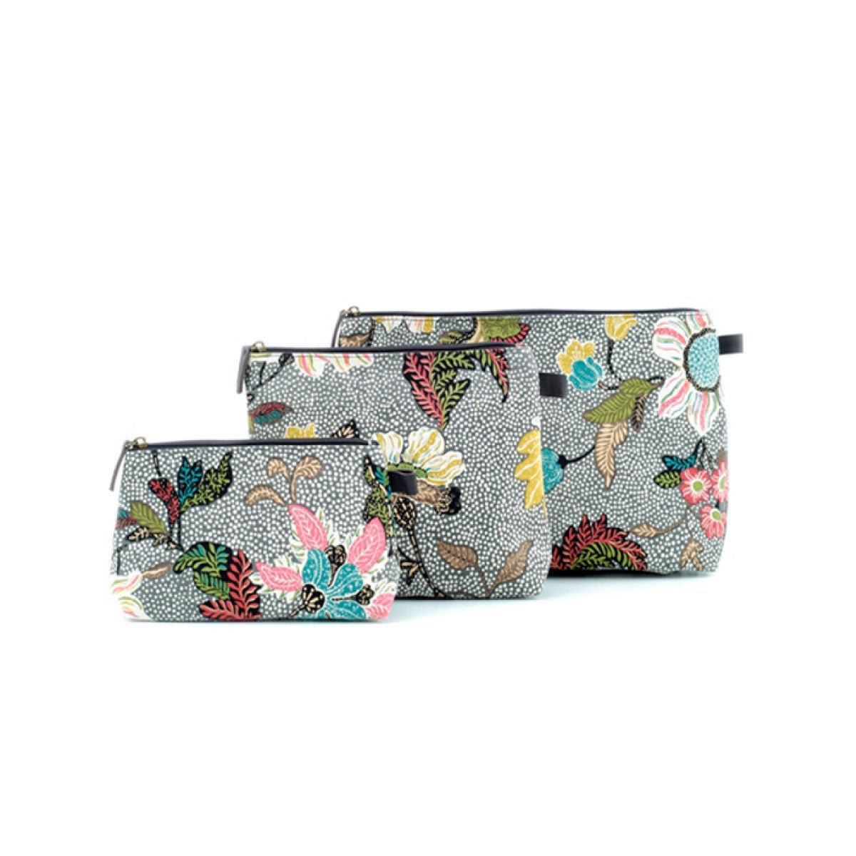 Floral linen and cotton cosmetic bag in grey with waterproof nylon lining and zip, three sizes