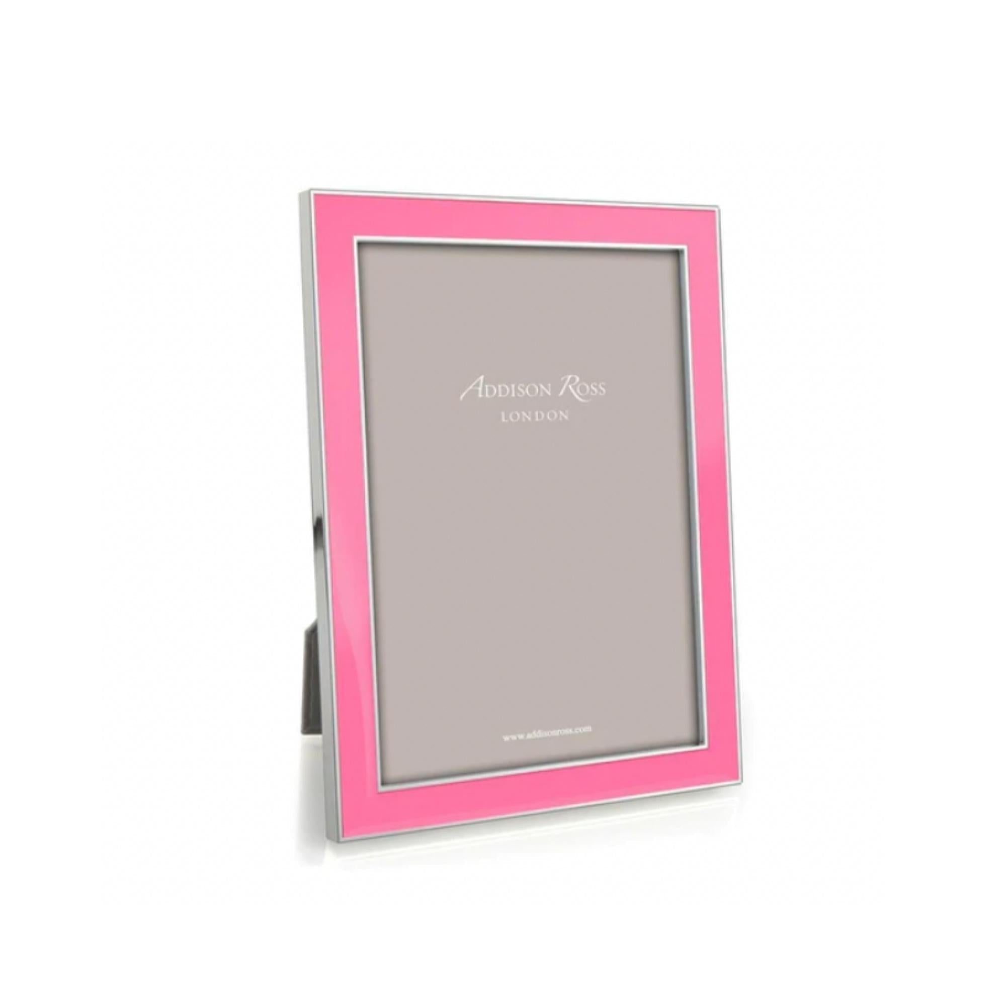 Electric pink enamel and silver photo frame for 4 x 6 inch photos, with pale grey velvet backing