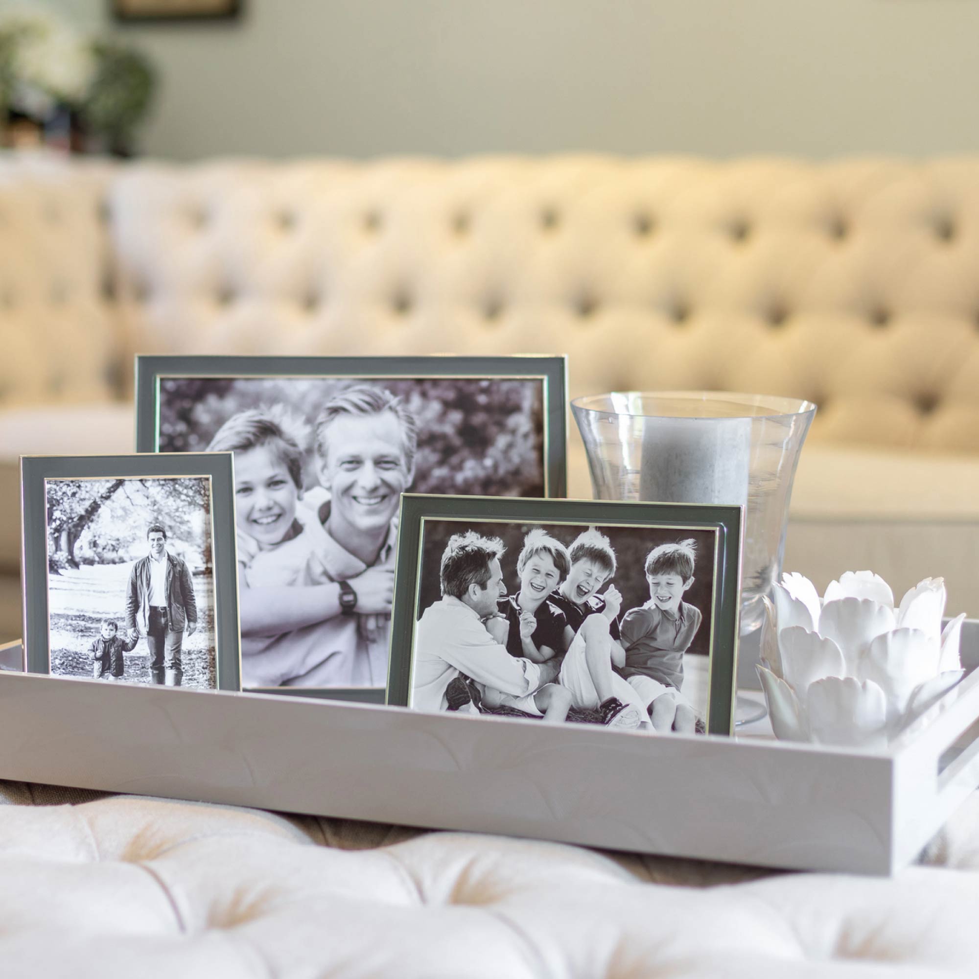 Taupe enamel and silver-plate photo frame by Addison Ross, 4 x 6, 5 x 7 or 8 x 10 inch, front view