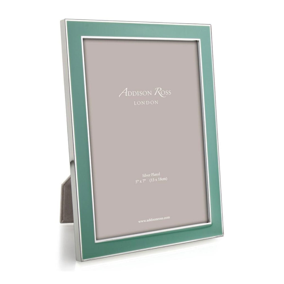 Duck egg enamel and silver-plate photo frame with grey velvet back, holds 4 x 6 or 5 x 7 inch photos