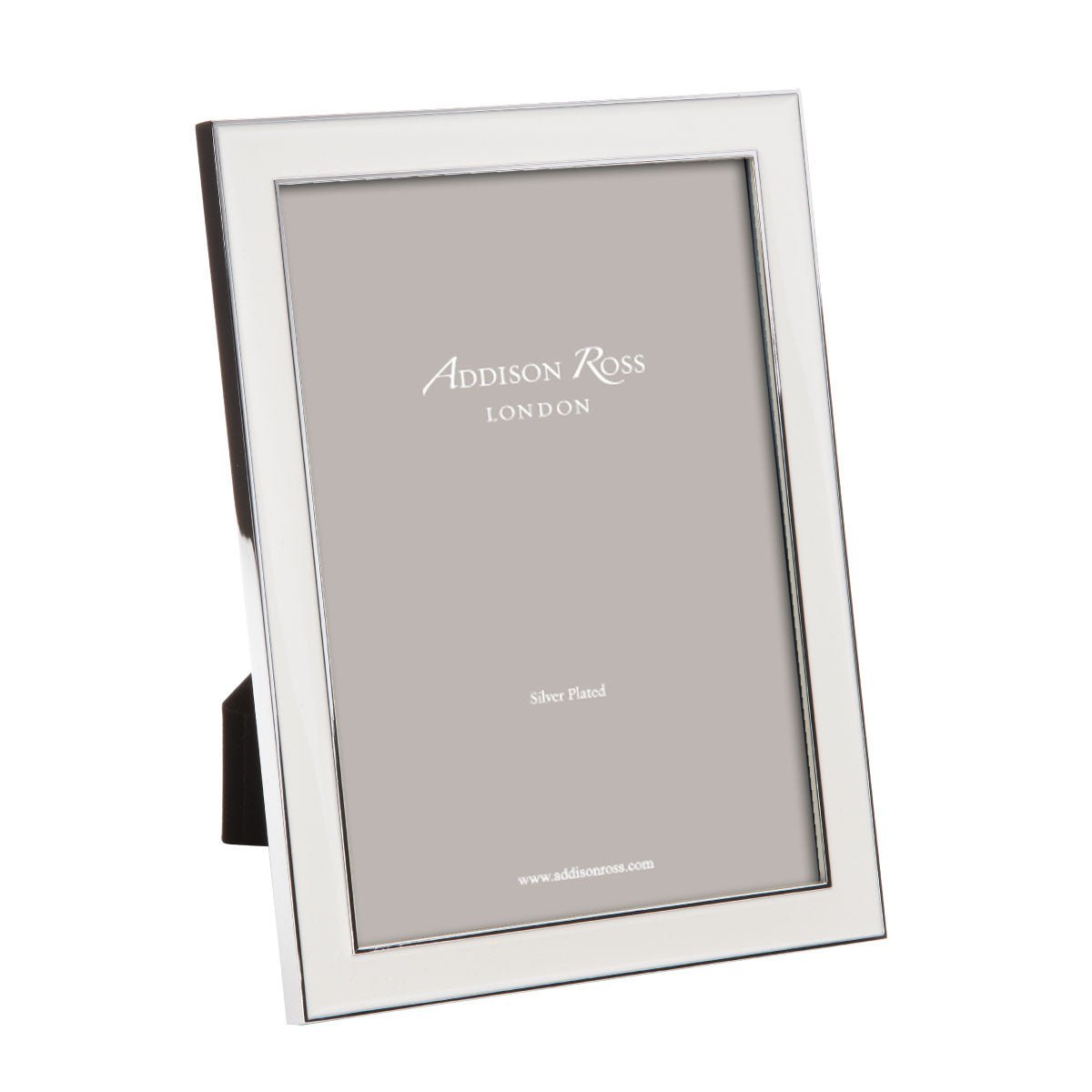 White enamel and silver-plate photo frame with grey velvet back, holds 4 x 6, 5 x 7 or 8 x 10 inch photos