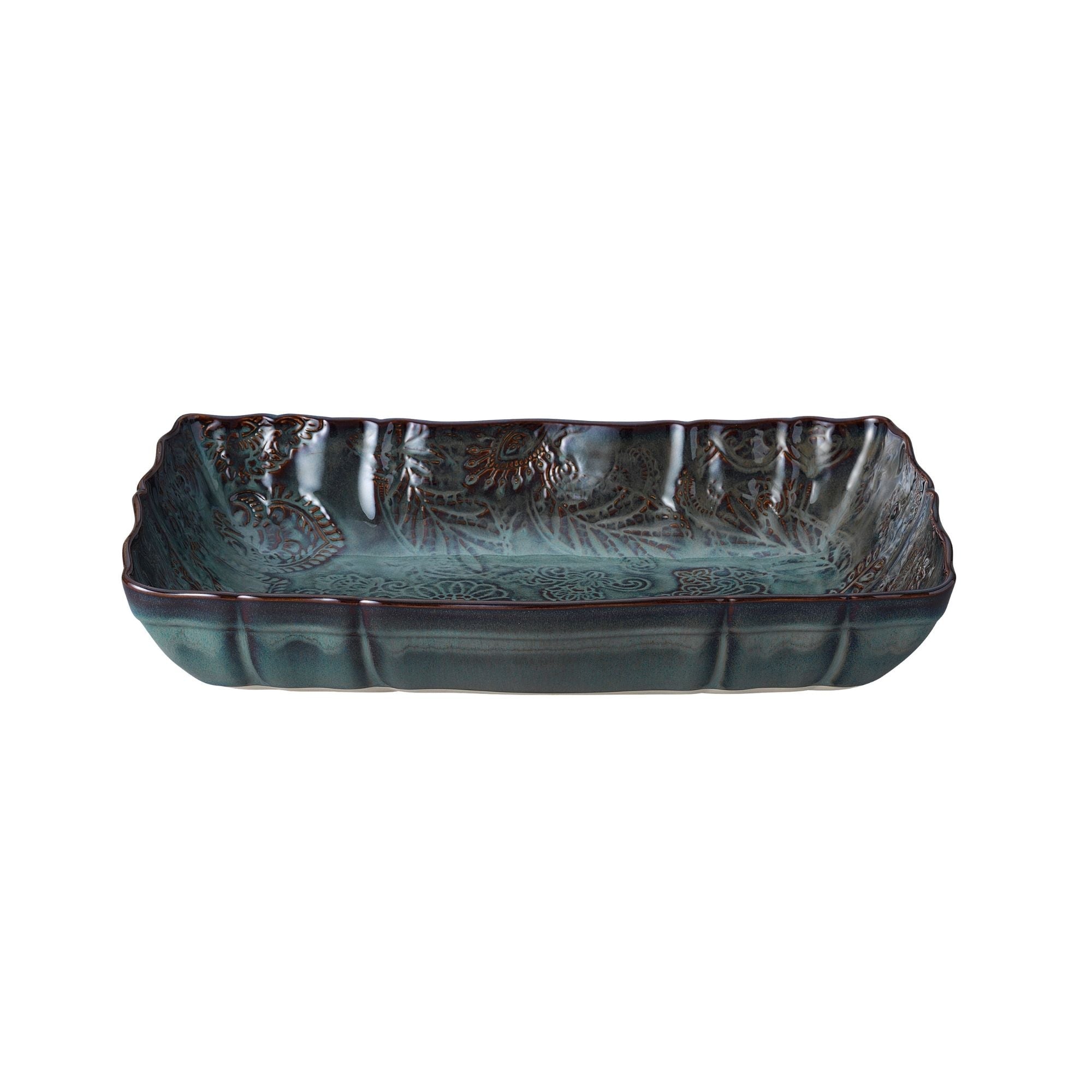 Large ceramic gratin dish in fig glaze, 35.5 x 23.5 x 6.5 cm, an oven-to-table dish for roasting