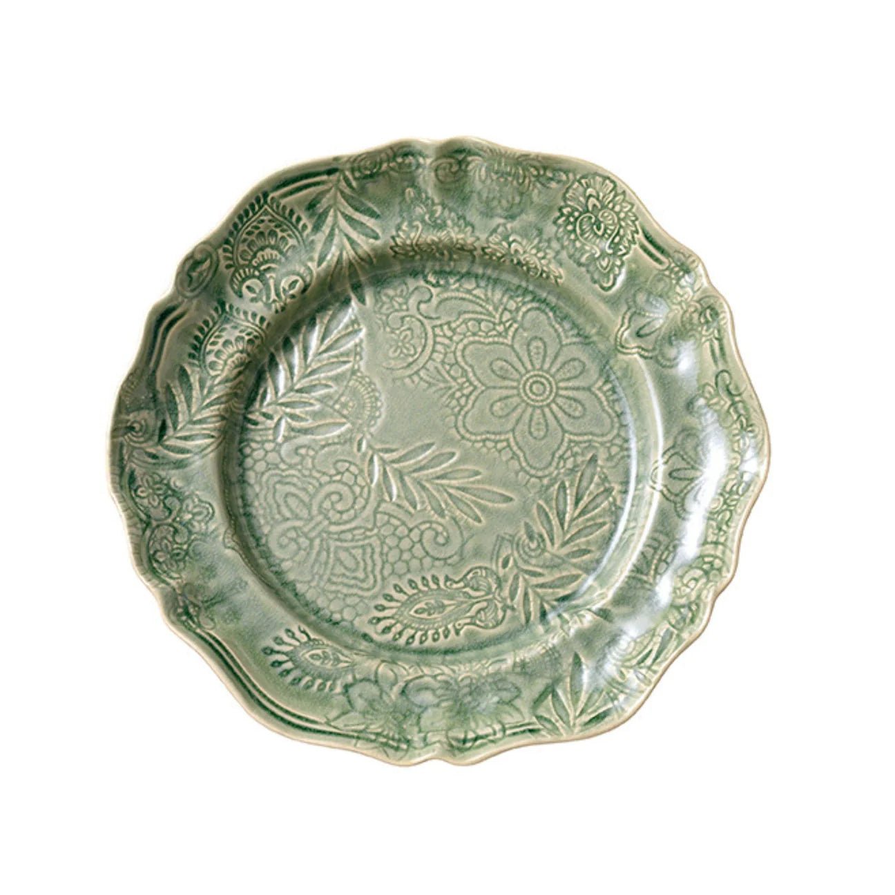 Large round ceramic dish in antique glaze, handcrafted serving platter, from Inside Living Singapore Front view.