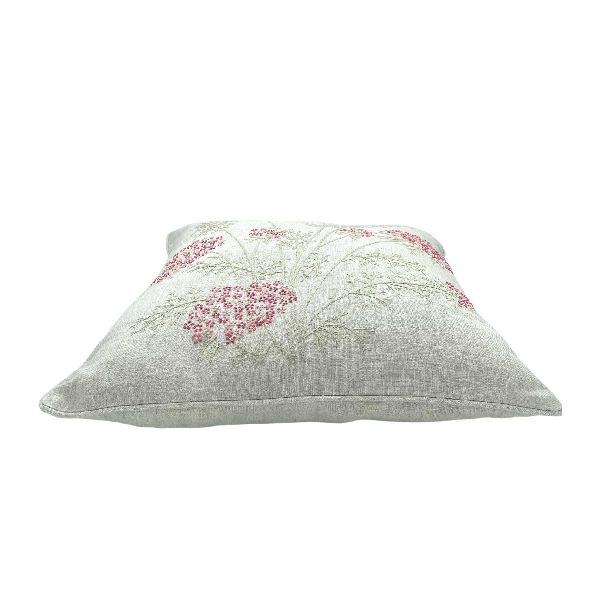 Linen Hand Embroidered Cherry Blossom Cushion from Inside Living Singapore. Shown front view.