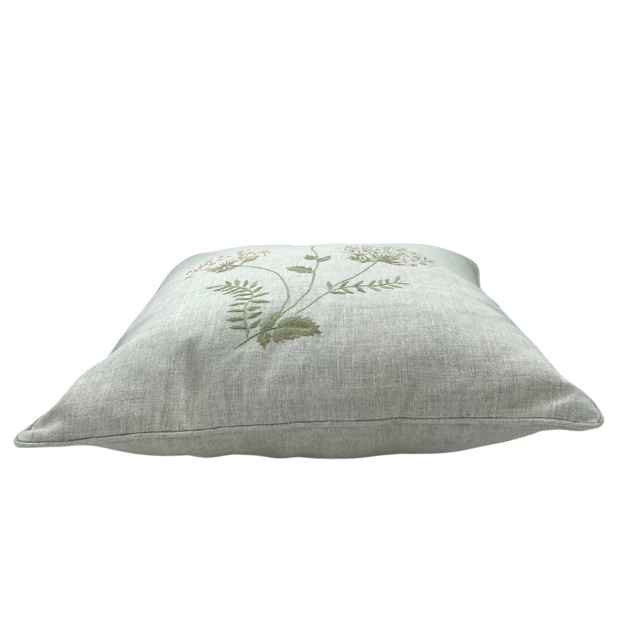 Linen Hand Embroidered Spring Blossom Cushion from Inside Living Singapore. Detail view.
