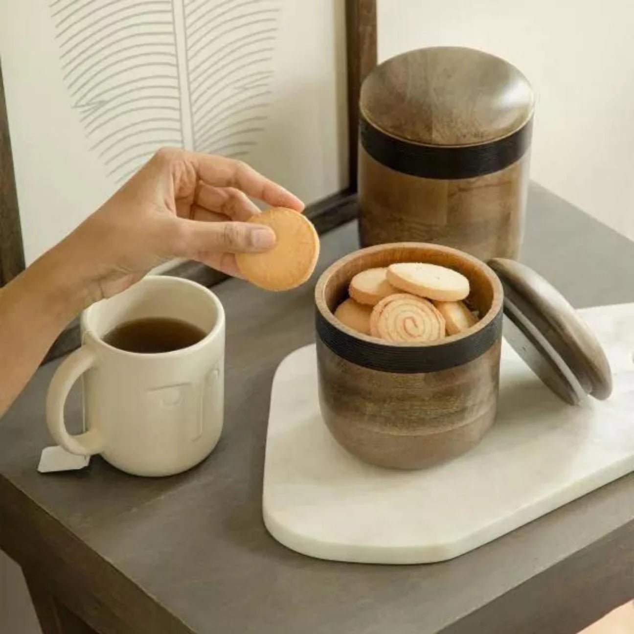 Orbis small storage jar in handcrafted mango wood with lid, 700ml capacity, food-safe kitchen canister