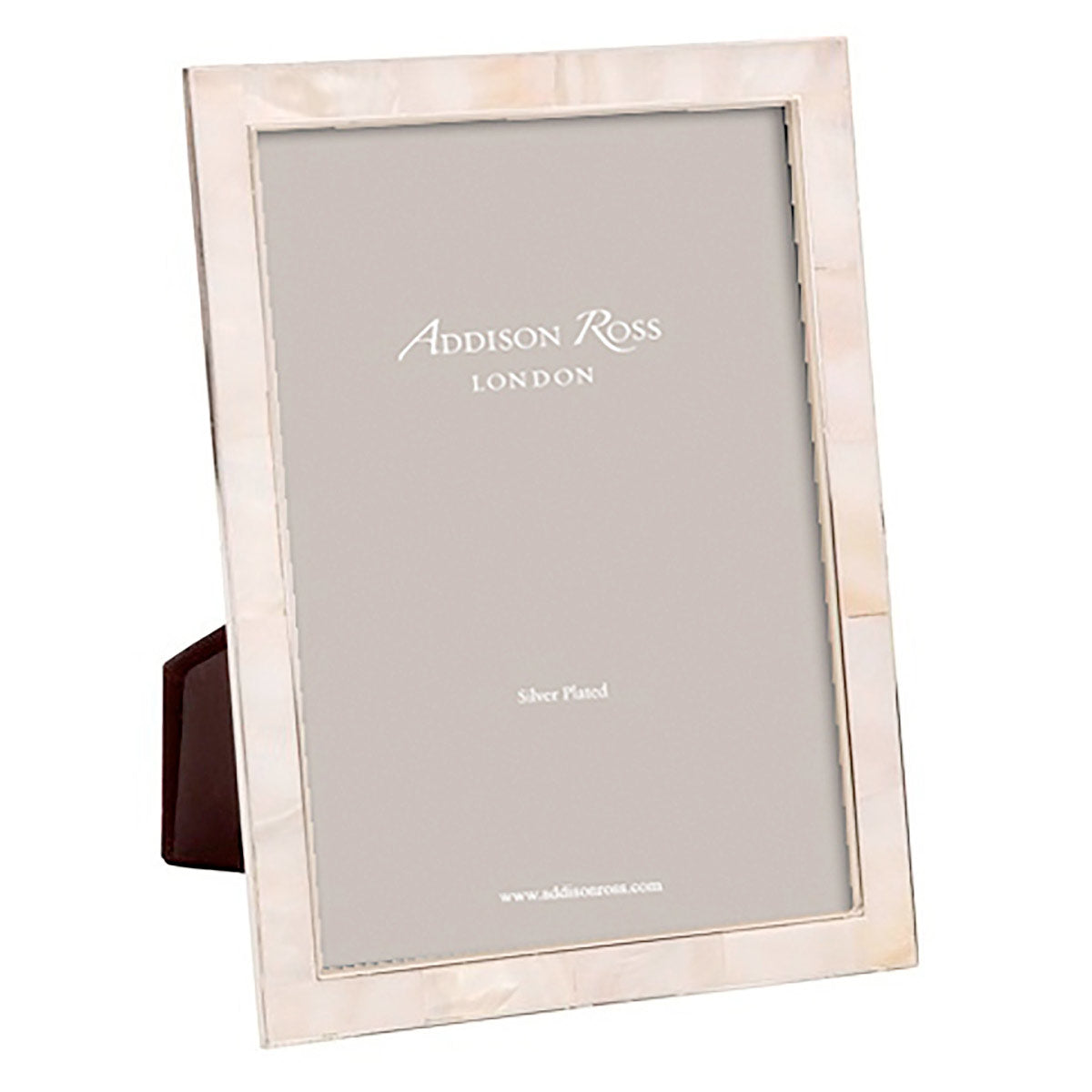 Mother of pearl and silver-plate photo frame with grey velvet back, holds 4 x 6 inch photos