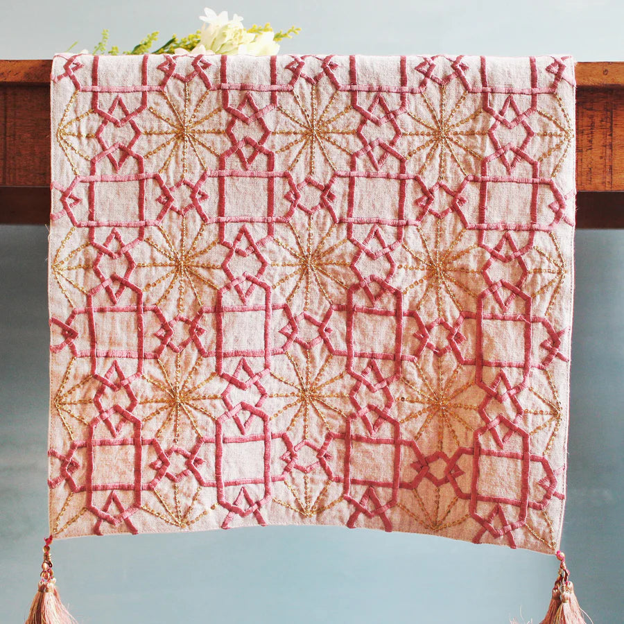 Suzani Linen Runner Pink Silk Sitara, detail view, from the Inside Living Singapore homeware collection.