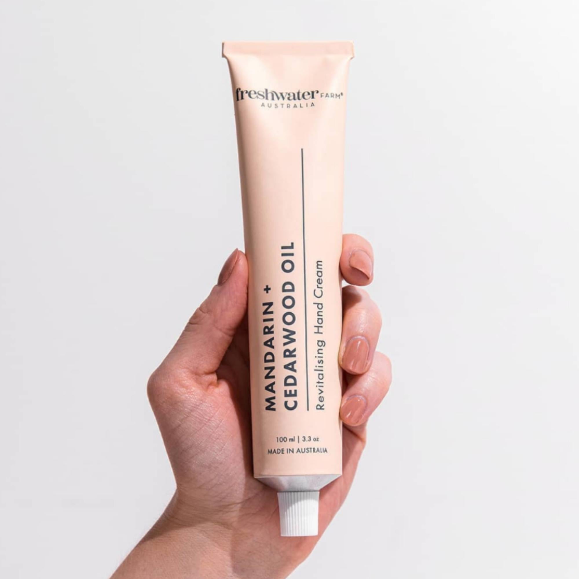 Revitalising mandarin and cedarwood hand cream, 100g vegan tube with shea butter, made in Australia