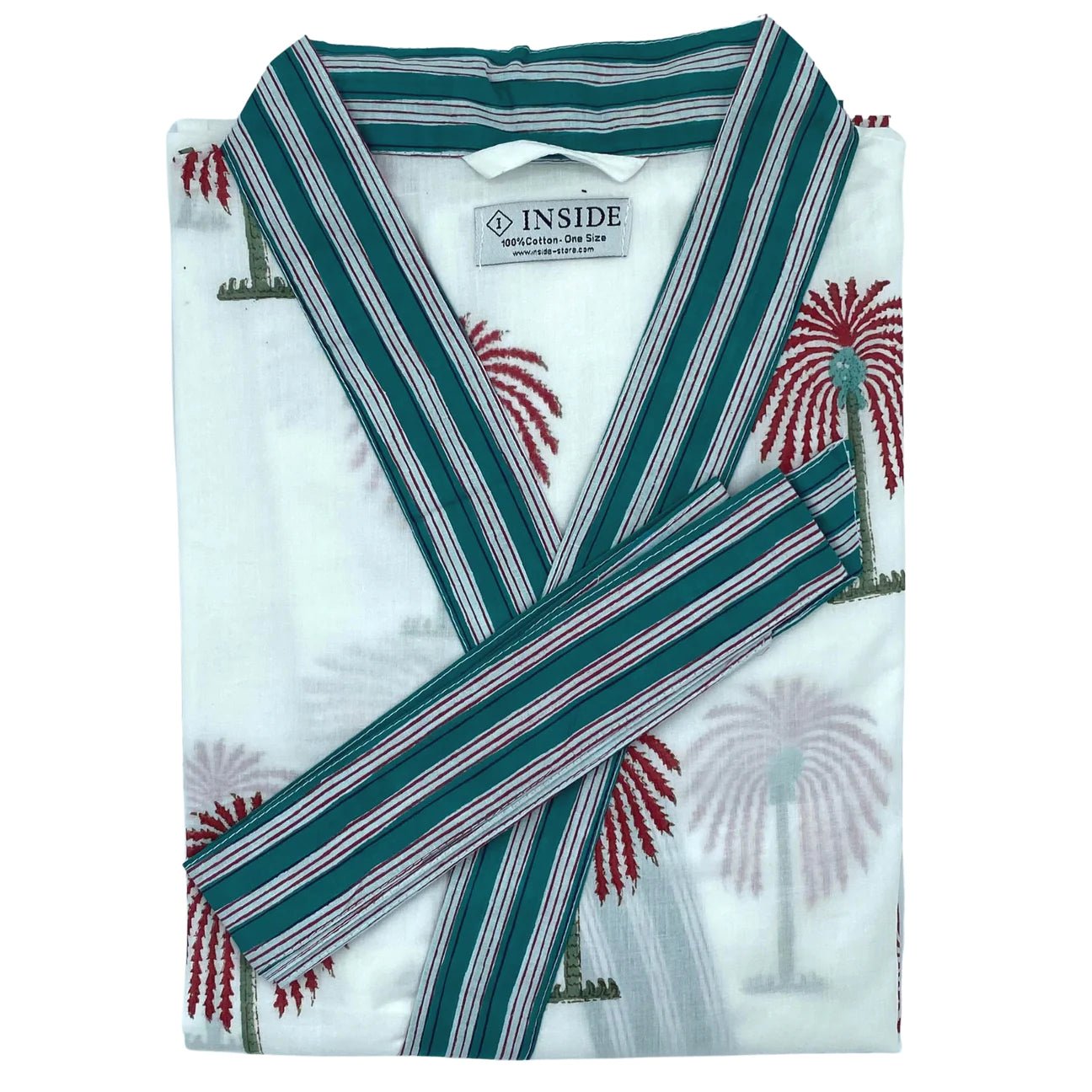 Lightweight cotton robe block-printed with red palms on white, with contrast block-print striped trim and belt