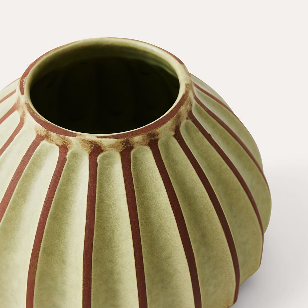 Sthal Salon round vase in avocado, ribbed high-fired terracotta, 16 cm diameter and 11 cm high, alternative angle
