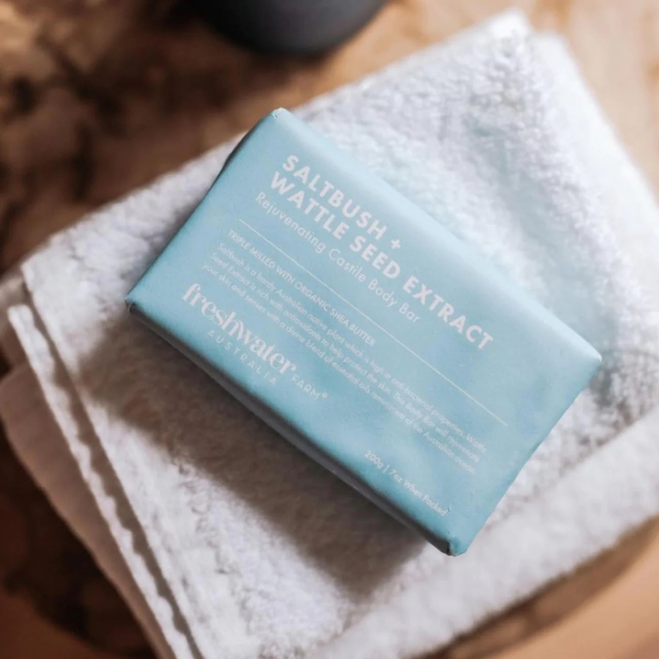 Saltbush and wattle seed body bar, 200g, natural exfoliating soap, from Inside Living Singapore Front view.