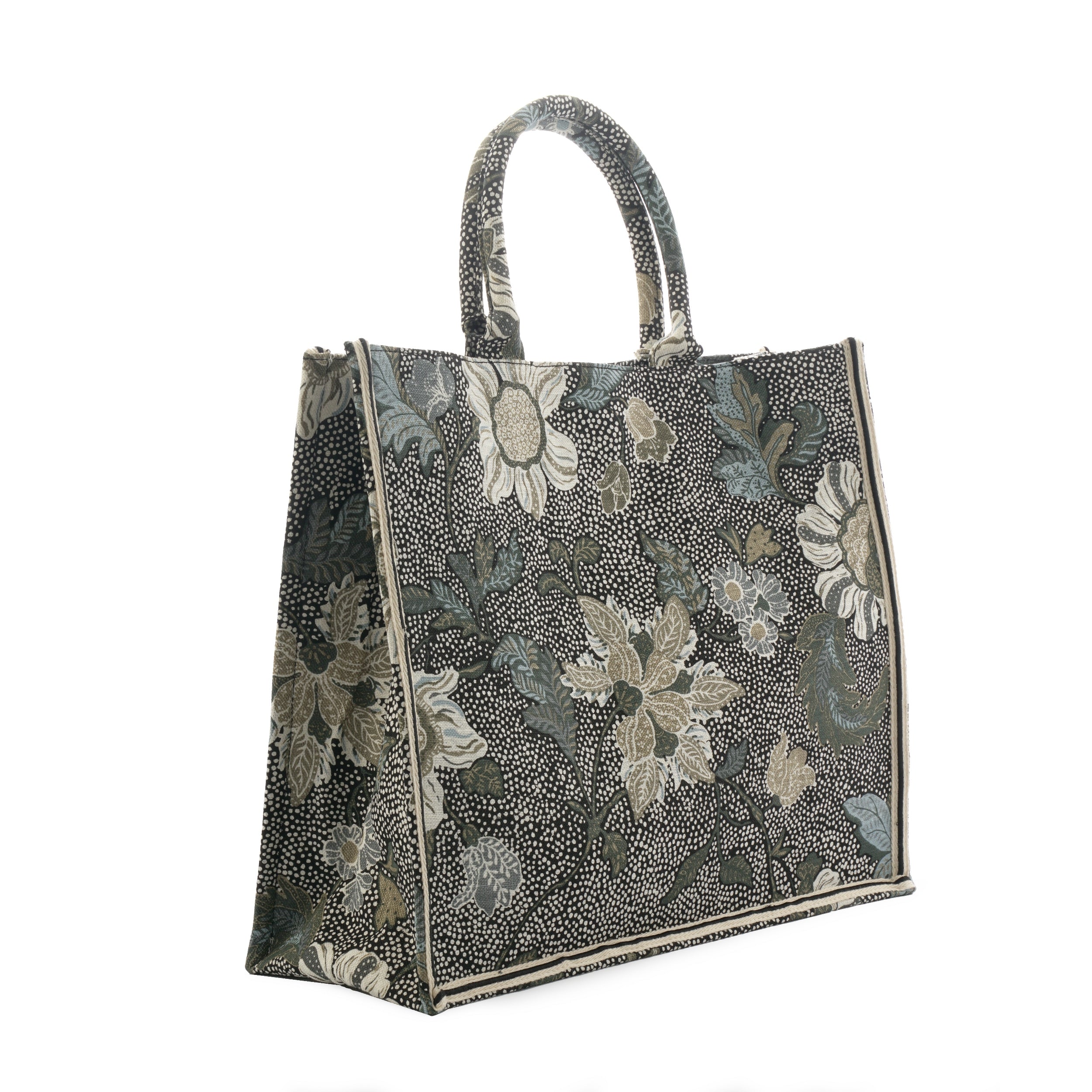 Shopper Flower Linen Black, bag from Inside Living Singapore. Detail view of the design.