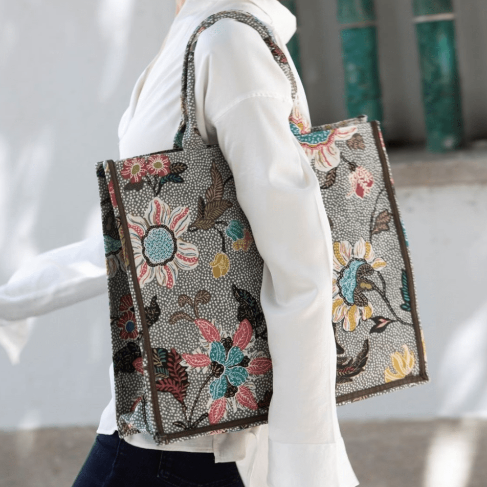 Shopper Flower Linen Grey from Inside Living Singapore. Shown front view.