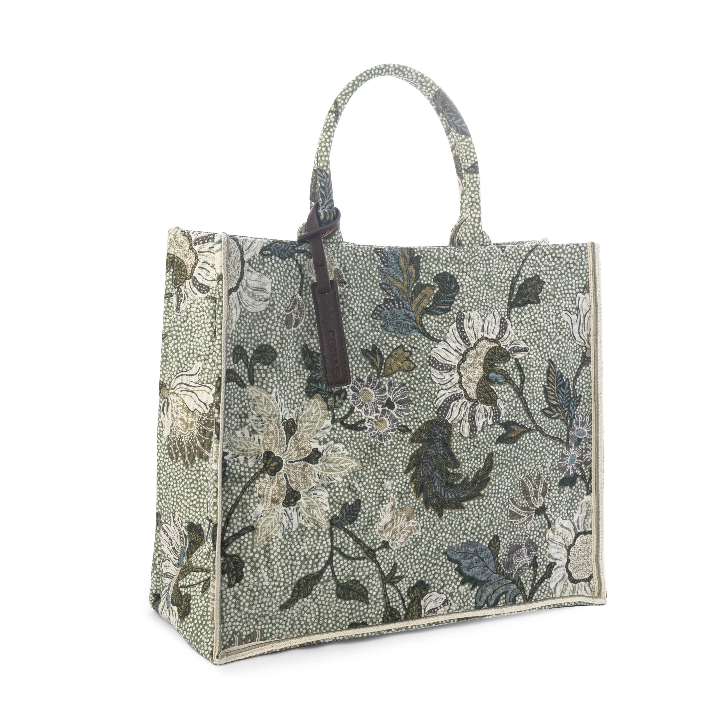 Shopper Flower Linen Soft Green, bag from Inside Living Singapore. Detail view of the design.