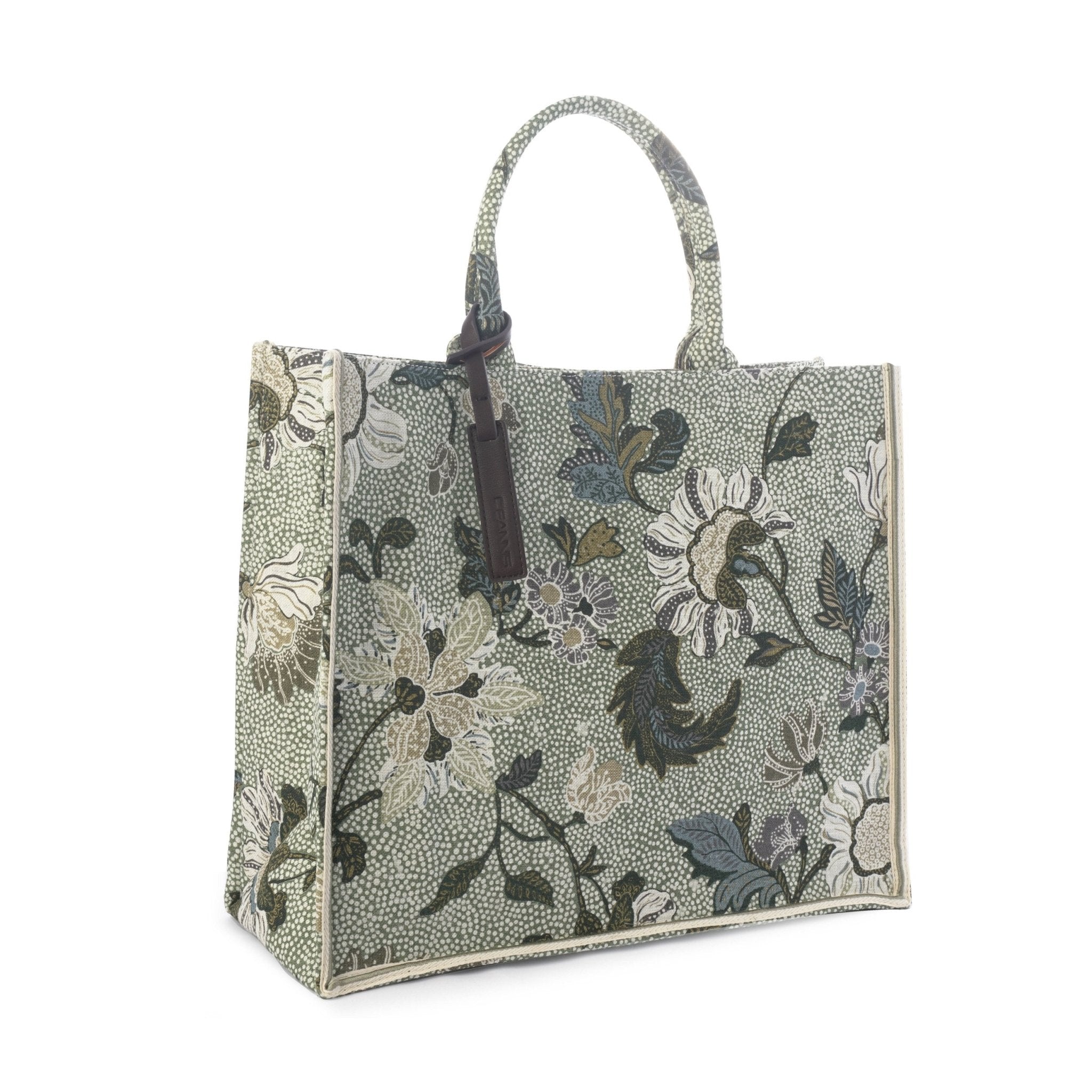 Shopper Flower Linen Soft Green, bag from Inside Living Singapore. Detail view of the design.