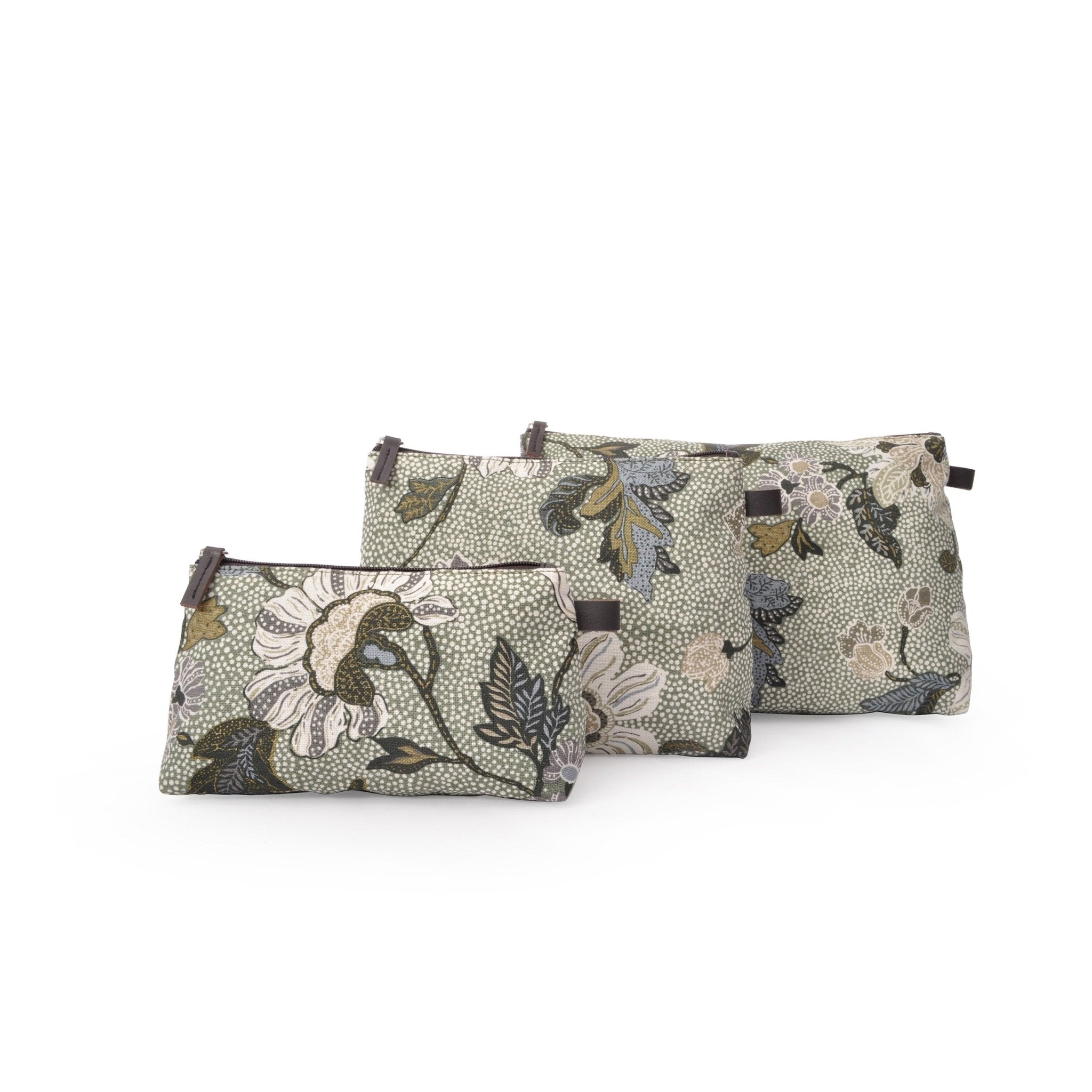 Soft green floral linen cosmetic bag with zip and waterproof nylon lining, in three sizes
