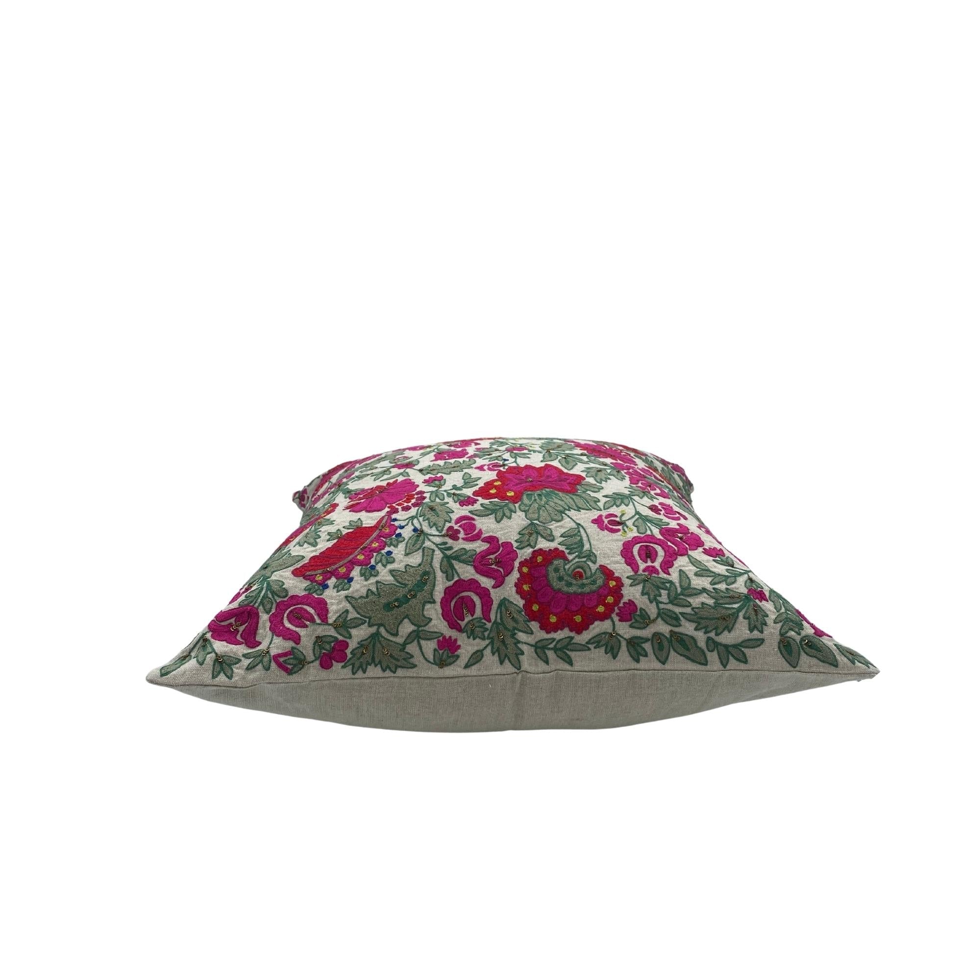 Suzani Linen Cushion Bright Flower, styled in a room setting, from the Inside Living Singapore homeware collection.