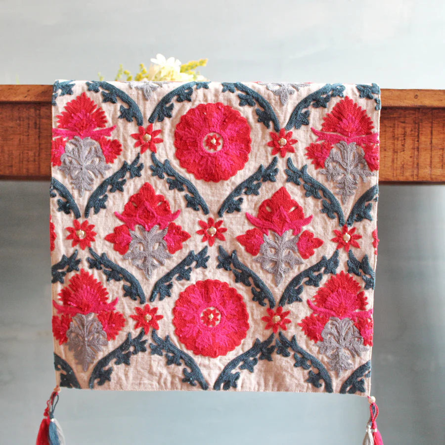 Suzani Niksaar Linen Runner, styled in a room setting, from the Inside Living Singapore homeware collection.