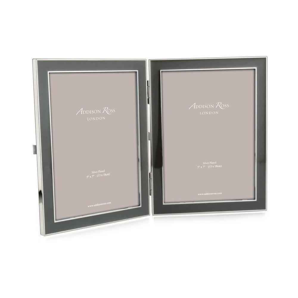 Chiffon enamel and silver double photo frame for two 5 x 7 inch photos, with grey velvet backing
