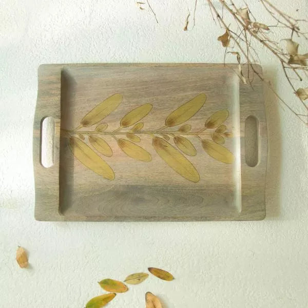 Wisteria yellow tray shown from above, floral design serving and display piece for the home, side view detail.